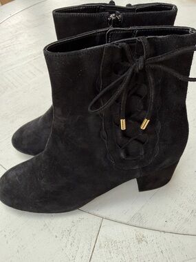 Cole Haan Black Suede Decorative Side Lace Up Ankle Booties